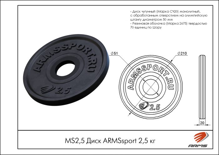 Диск Олимпийский ARMSsport 2,5 кг Barbell ЕВРО-КЛАССИК&quot; — изображение 2