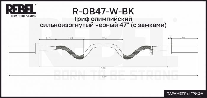 Гриф олимпийский сильноизогнутый черный 47" REBEL с замками — изображение 5