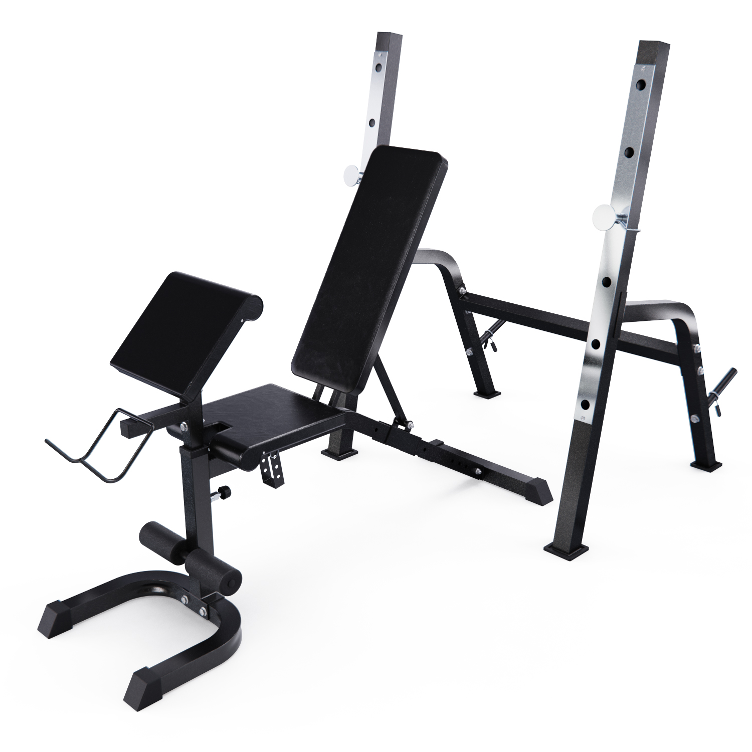 Скамья со стойками под штангу DFC GORILLA черная, с партой для бицепса